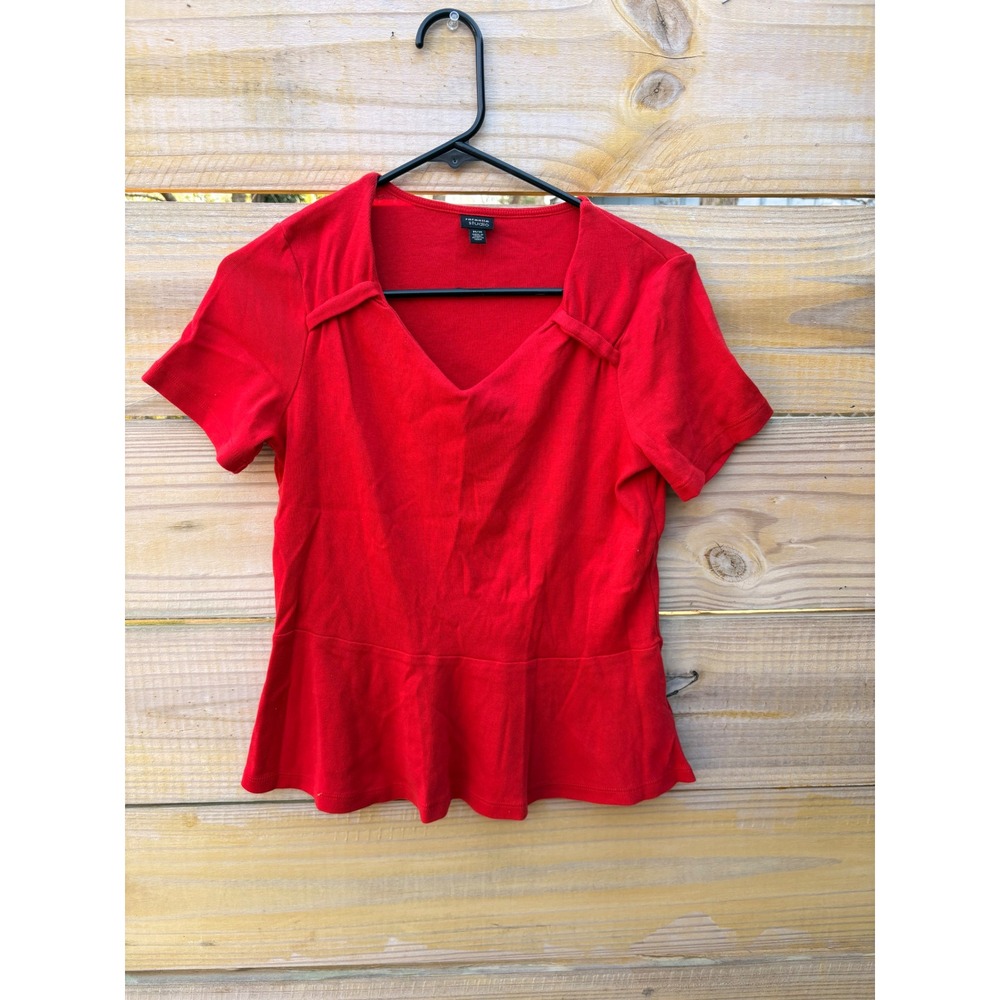 Rafaella Studio Womens Red Ribbed V-Neck Peplum Short Sleeve Cotton Top Size M